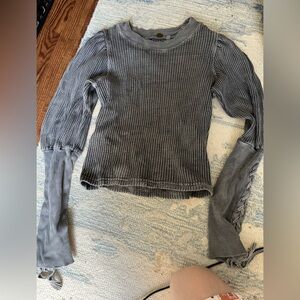 Free People Grey Waffle Knit Sweater with Lace Sleeves